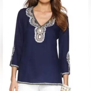 Lilly Pulitzer Braydon True Navy Blue Embellished Tunic Top  M